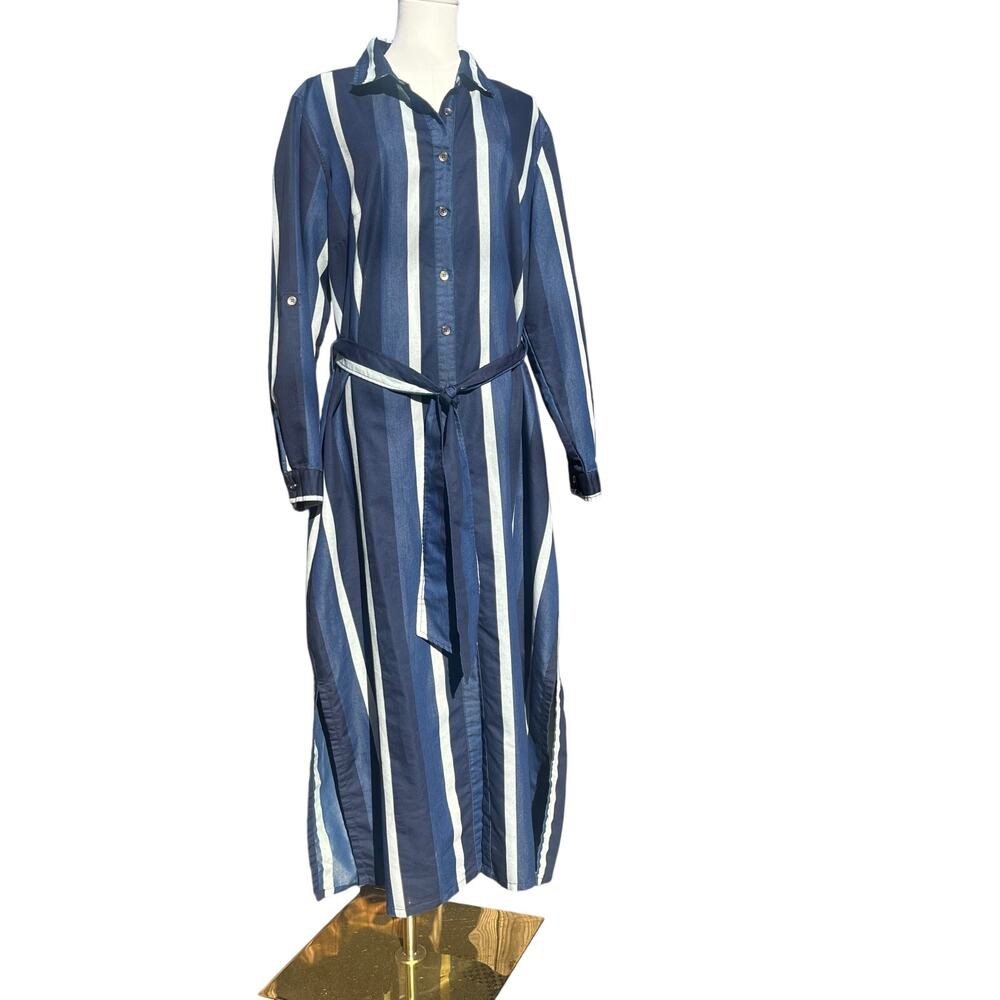 Ashley Stewart Women's Blue Denim Maxi Dress SZ 16 Button Up Long Sleeve Pockets - Picture 2 of 16